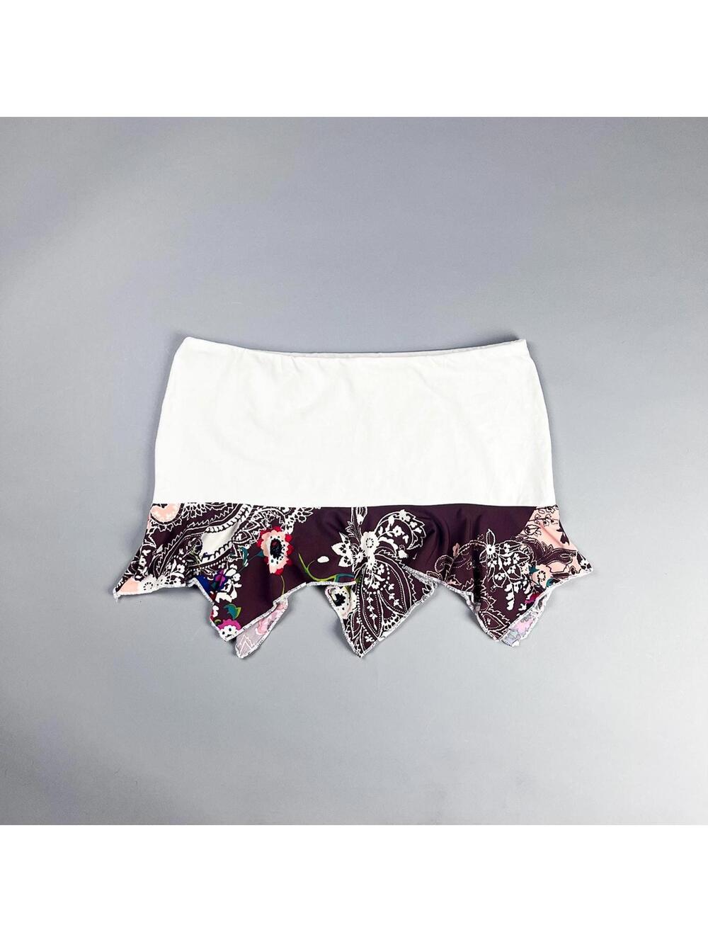 White Mini Skirt | Upcycled Stretchy Skirt, Burgundy Asymmetrical Ruffled Hem
